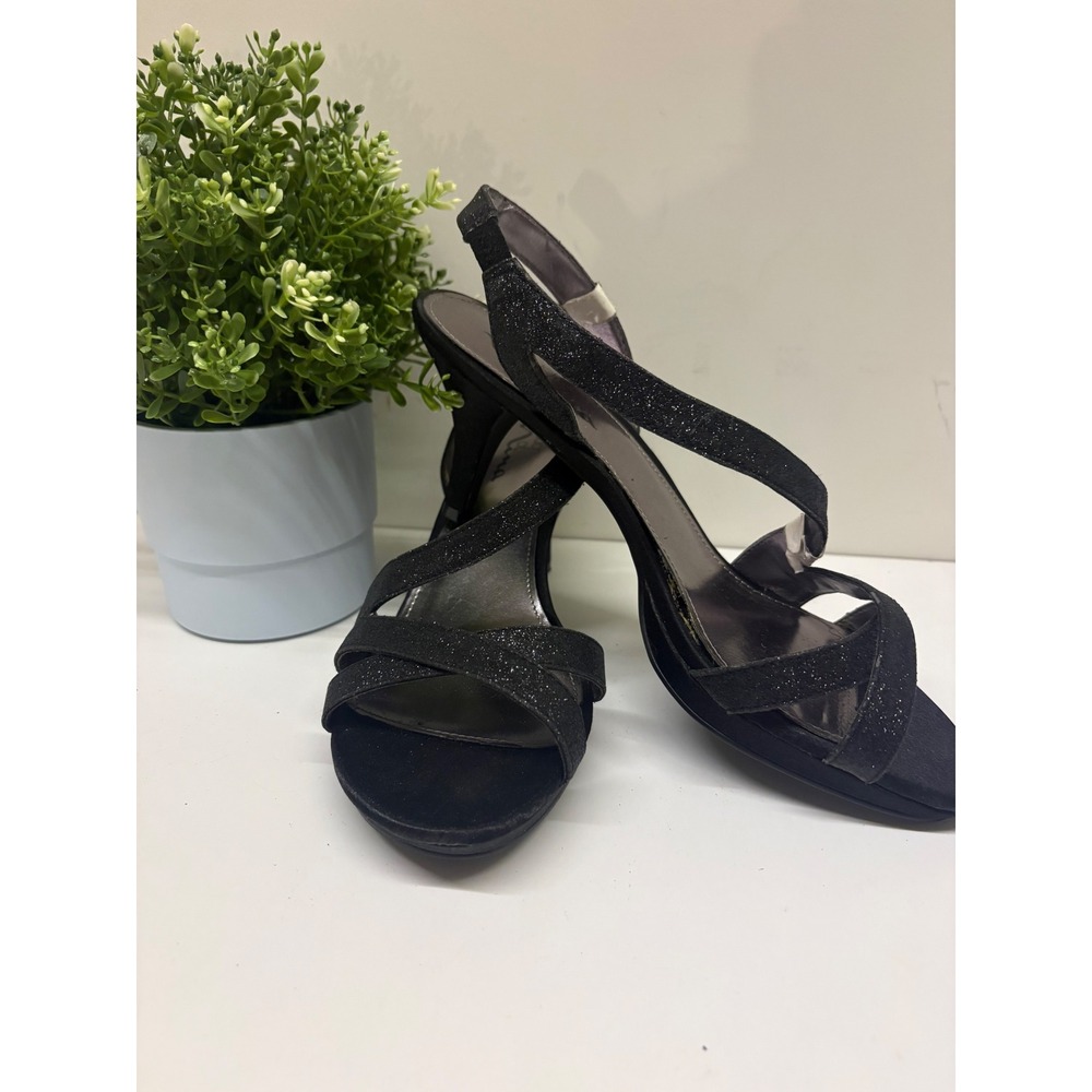 Black Glitter Strappy Slingback Heels Sandals Size 9.5M
